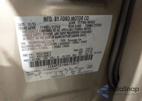 2006 Ford Five Hundred Se z USA, uszkodzony, nr VIN 1FAHP23146G133672